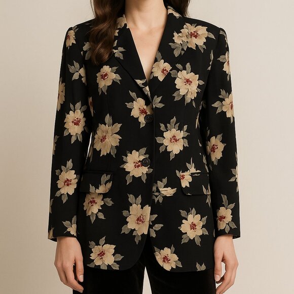 Vintage Jones NY 100% Silk Floral Blazer Black Beige Rose Print Romantic Holiday - Picture 1 of 10
